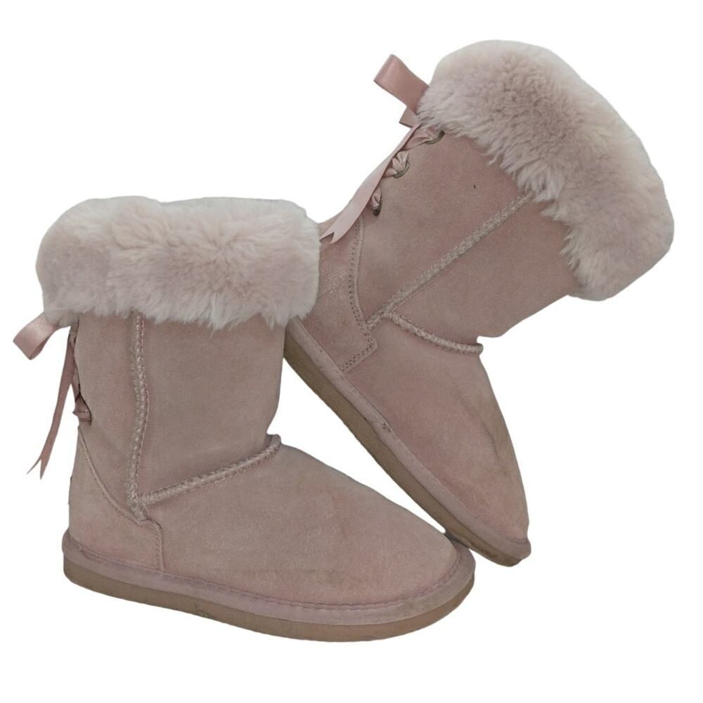 Lamo Girls Pre-owned Pink Suede, Sherpa Lined w/Bowtie Boots - sz. 2Y